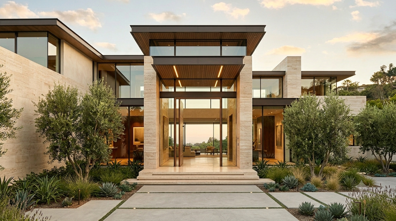Modern architectural villa entrance with glass doors and landscaped outdoor living space