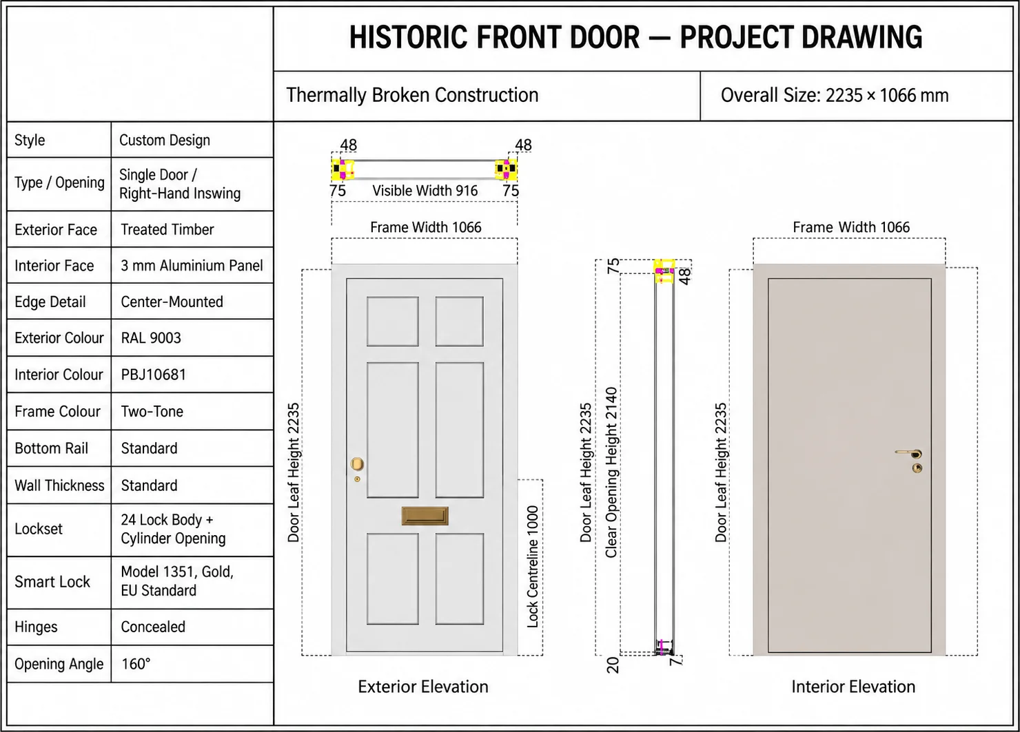 Historic front door replacement drawing with thermally broken frame and dimensions