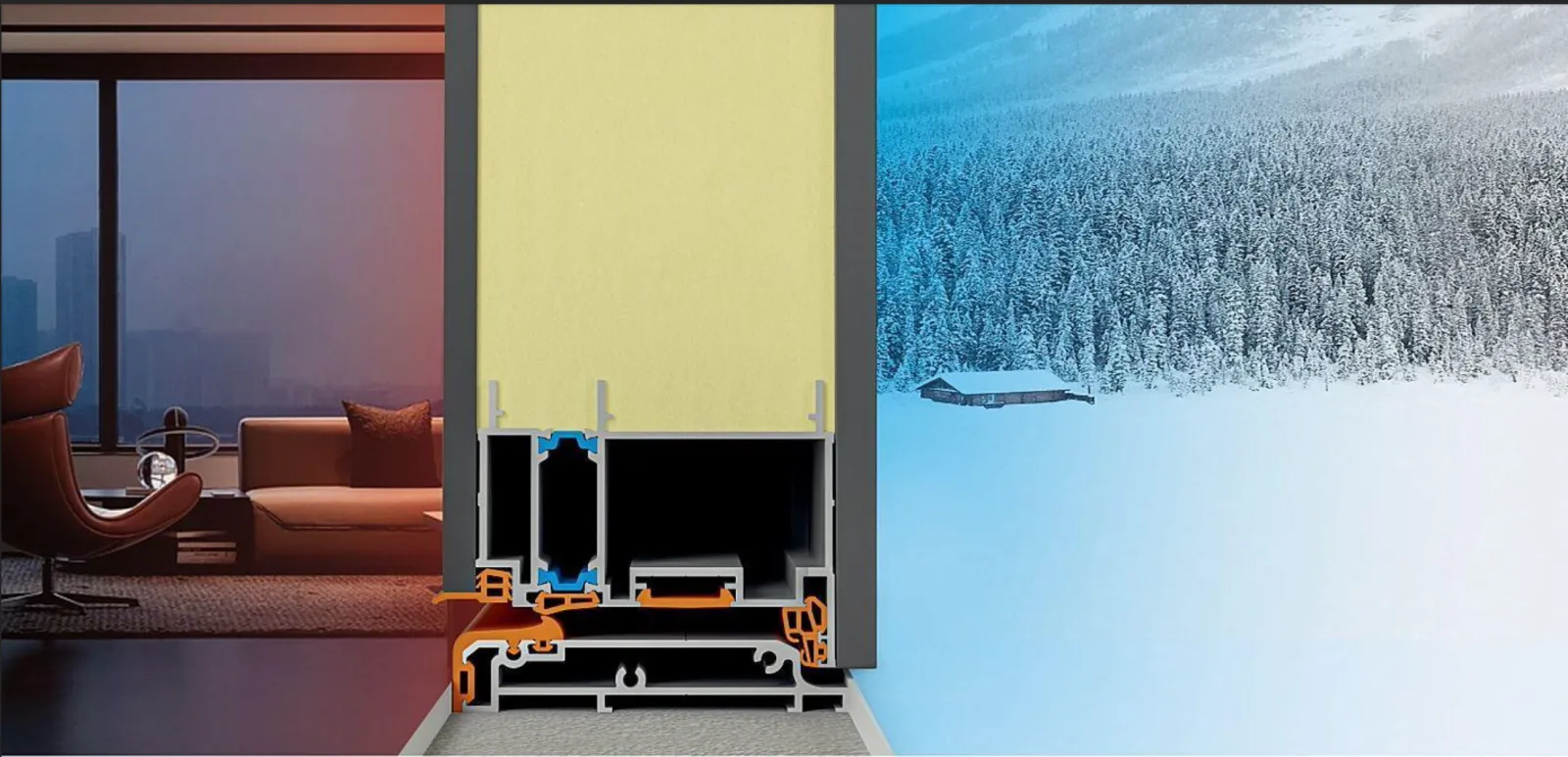 Thermally broken door frame and sealing detail for a cold climate