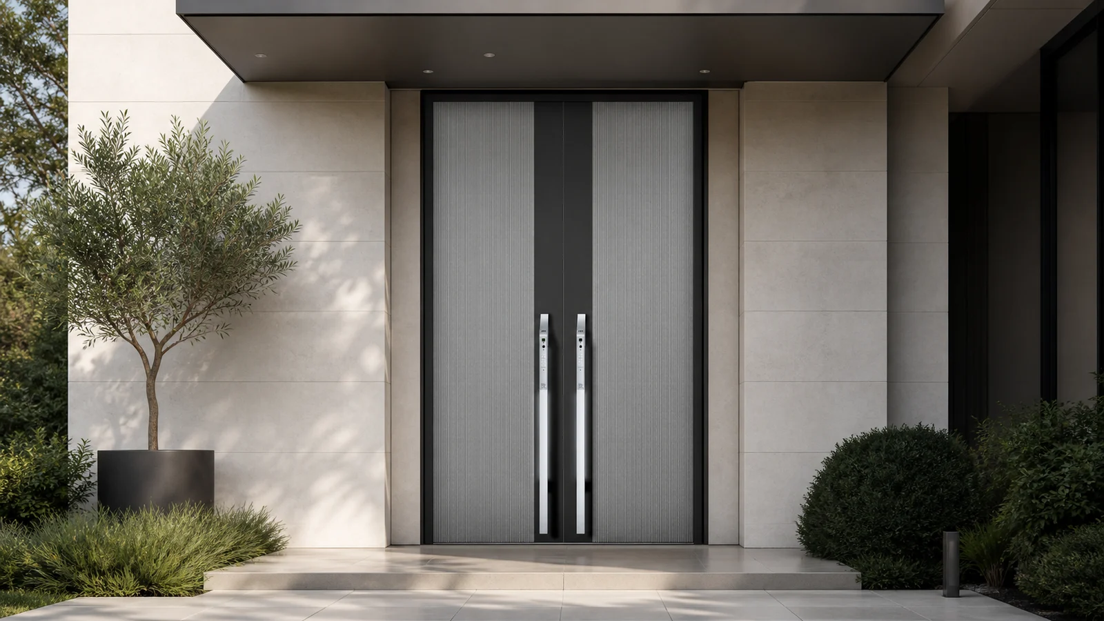 Luxury JMR smart entry door with integrated biometric handle and architectural wall lighting