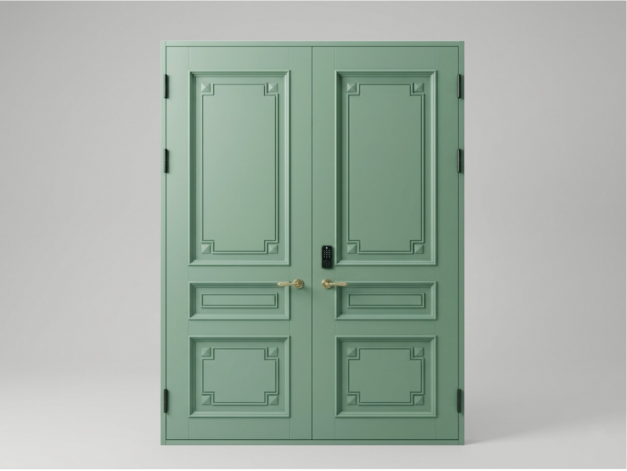Double front entry doors with sage green finish