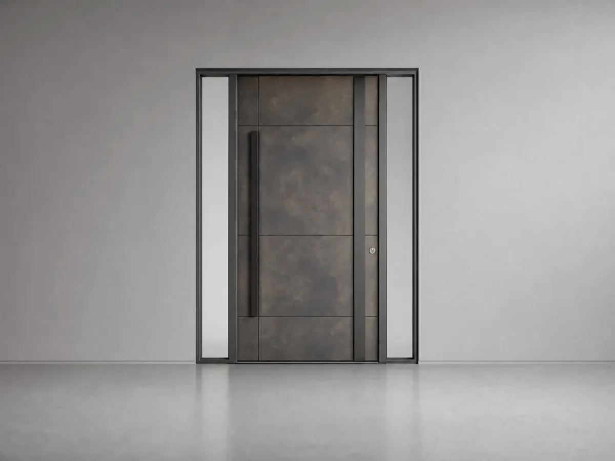 Modern pivot door with faux-oxidized metal finish