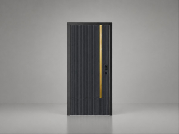 Steel entry door with fluted texture and brushed gold handle